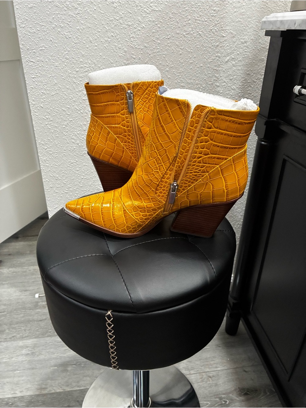 Vince Camuto Mustard Croc-Embossed Pointed Ankle Booties with Side Zip